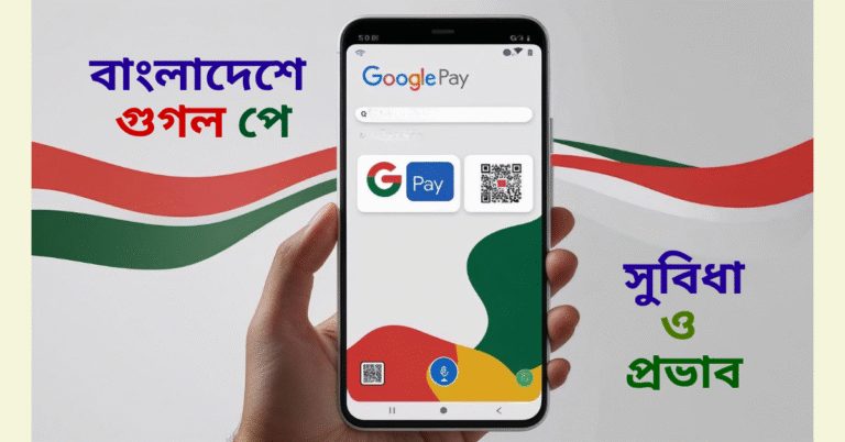 Hand holding a smartphone showing the Google Pay app interface with a QR code icon, alongside Bengali text 'বাংলাদেশে গুগল পে' (Google Pay in Bangladesh) and 'সুবিধা ও প্রভাব' (Benefits and Impact) overlaid on a background with Bangladeshi flag colors.