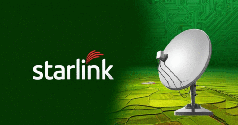 Starlink dish mounted on a corrugated metal roof of a rural Bangladeshi home, with internet signal waves emanating towards other traditional bamboo houses in a lush green environment.