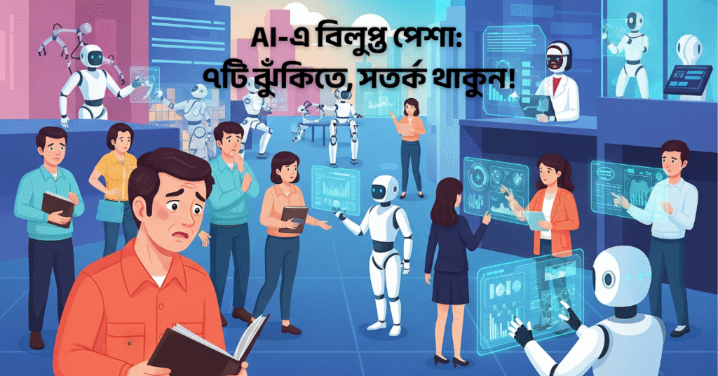 এআই এবং রোবটের দ্বারা পরিবর্তিত কর্মজীবনের দৃশ্য, যেখানে কিছু মানুষ অনিশ্চিত দেখাচ্ছে এবং কিছু নতুন এআই-চালিত ভূমিকা গ্রহণ করছে।