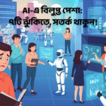 এআই এবং রোবটের দ্বারা পরিবর্তিত কর্মজীবনের দৃশ্য, যেখানে কিছু মানুষ অনিশ্চিত দেখাচ্ছে এবং কিছু নতুন এআই-চালিত ভূমিকা গ্রহণ করছে।